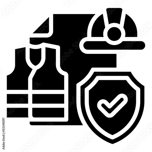 Gear Certification Glyph Black Fill Silhouette - Document with helmet and vest, protected by shield, representing certified safety gear or PPE approval