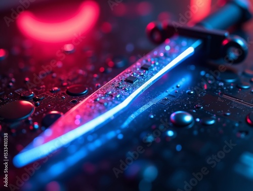 Sci-fi futuristic knife, glowing blade, neon reflections, close-up in cyberpunk environment