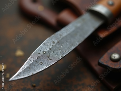 Rustic handmade knife, macro shot of hand-forged blade with raw, rugged surface texture