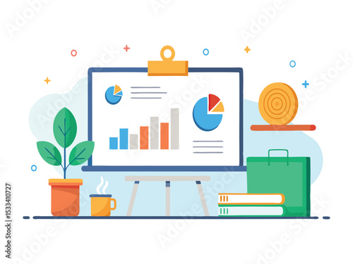 Business presentation board with charts and graphs isolated on white background
