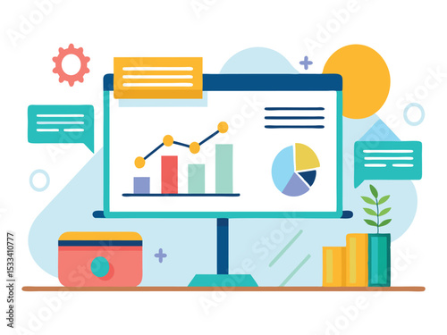 Modern business presentation board with charts and graphs isolated on white background
