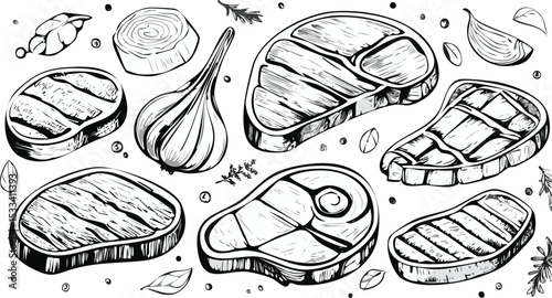 Hand-Drawn Steak Sketch Collection – Vintage Meat Cuts Illustration Set for Butchery or Menu Design