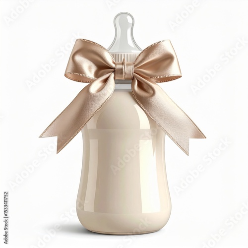 Baby Bottle with Beige Ribbon Bow on White Background