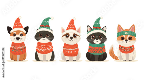 Festive Christmas Costumes for Pets in Cute Vector Set, Pets in Christmas Costumes