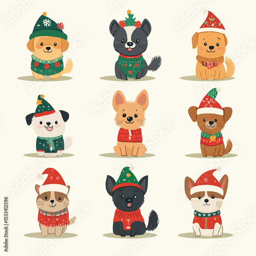 Festive Christmas Costumes for Pets in Cute Vector Set, Pets in Christmas Costumes