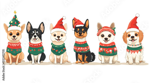 Festive Christmas Costumes for Pets in Cute Vector Set, Pets in Christmas Costumes