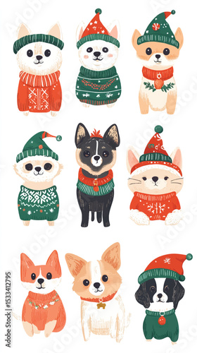 Festive Christmas Costumes for Pets in Cute Vector Set, Pets in Christmas Costumes