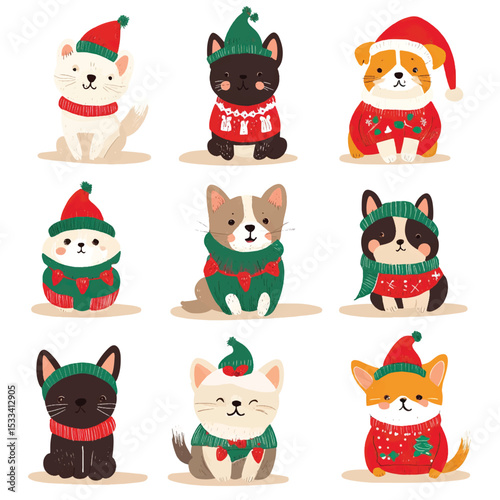 Festive Christmas Costumes for Pets in Cute Vector Set, Pets in Christmas Costumes