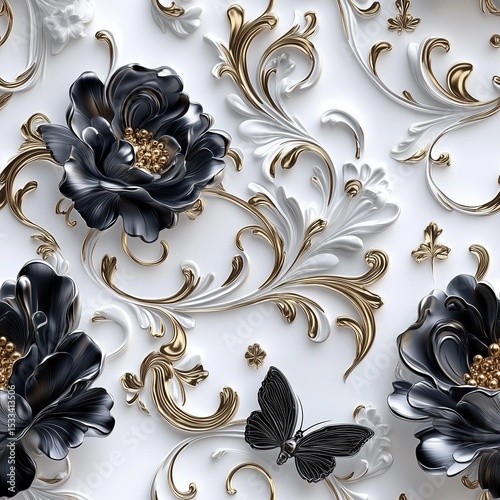 A luxurious seamless 3D pattern showcasing black and white flowers with gold accents, and a black butterfly, set against an elegant white background with swirling motifs.