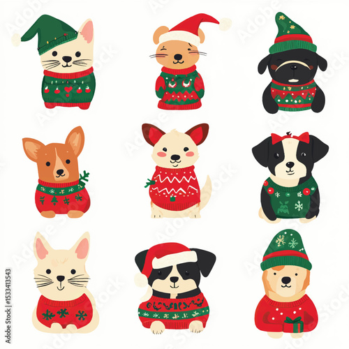 Festive Christmas Costumes for Pets in Cute Vector Set, Pets in Christmas Costumes