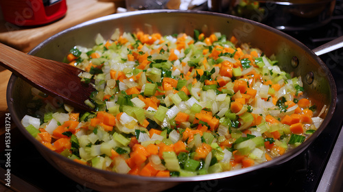 Colorful Vegetable Mixture in Skillet with Raw Ingredients for Joyful Cooking and Culinary Inspiration