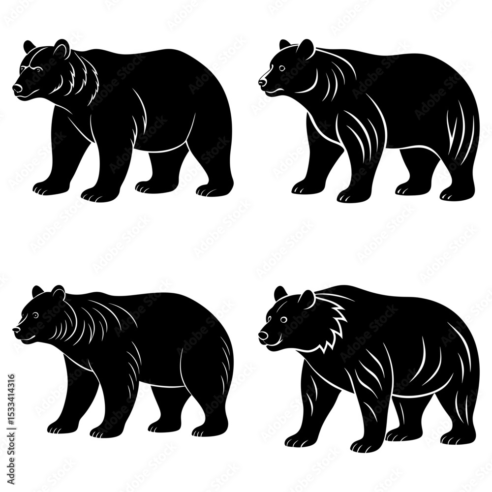 Fototapeta premium Four black bear silhouettes standing in various poses against a white background illustration art