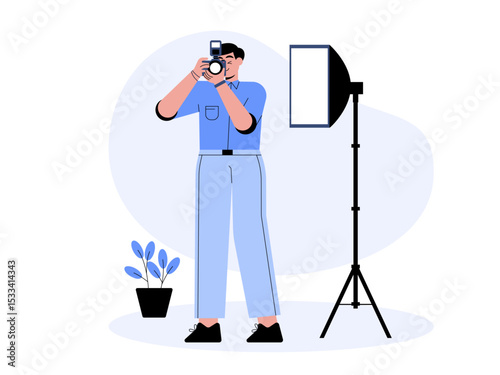 Photographer shooting with modern camera in his photo studio. Professional photographer illustration. Cameraman concept. Flat vector illustration.