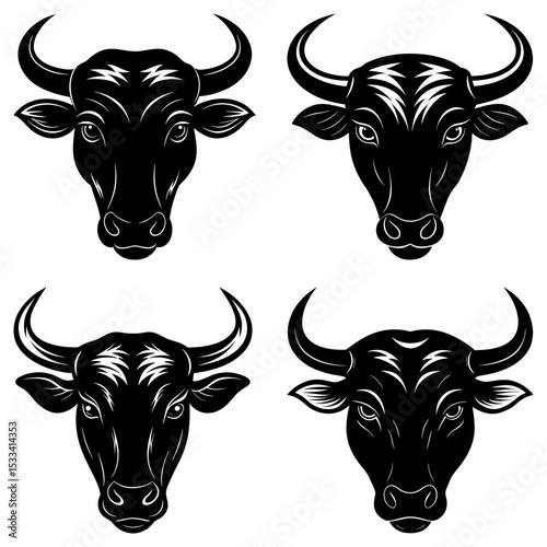 Four stylized black bull heads with horns on a white background in a symmetrical arrangement design