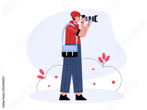 Side view of male photographer taking pictures with camera near bushes. Professional photographer illustration. Cameraman concept. Flat vector illustration.