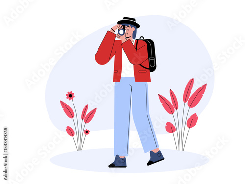 Female photographer goes exploring to capture moments of her adventure. Professional photographer illustration. Cameraman concept. Flat vector illustration.