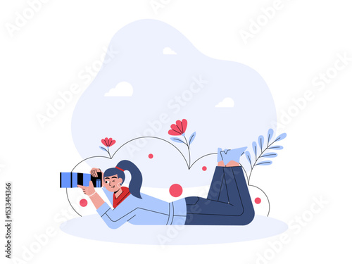 Professional photographer taking photos comfortably outdoors. Professional photographer illustration. Cameraman concept. Flat vector illustration.