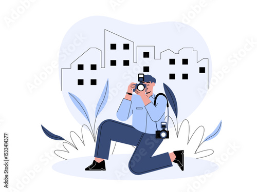 Photographer carrying two types of cameras with different lenses. Professional photographer illustration. Cameraman concept. Flat vector illustration.