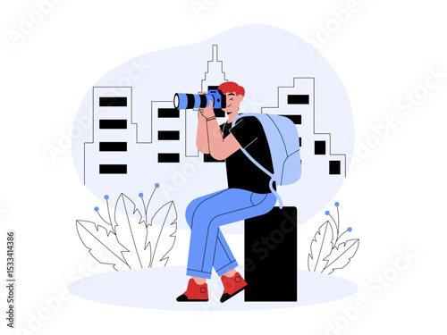 Photographer sits to take pictures in the suburbs comfortably. Professional photographer illustration. Cameraman concept. Flat vector illustration.