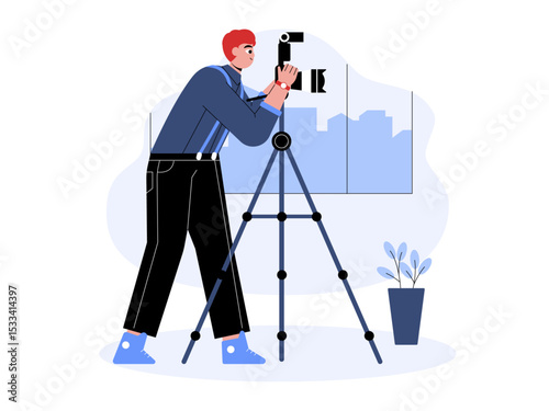 Male photographer puts his camera on a tall tripod. Professional photographer illustration. Cameraman concept. Flat vector illustration.