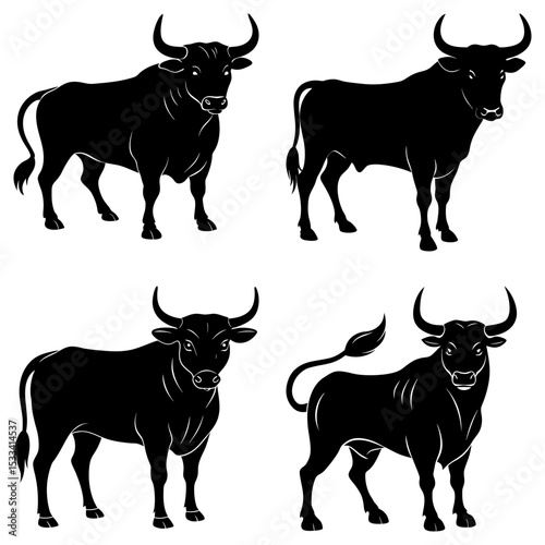 Four black bull silhouettes in various poses against a white background in a square arrangement