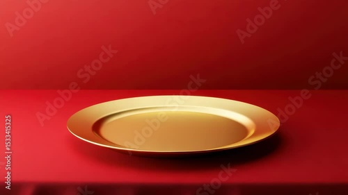 Elegant golden round plate on red surface and background, simple dish design with warm lighting, perfect tableware for festive and formal dining settings