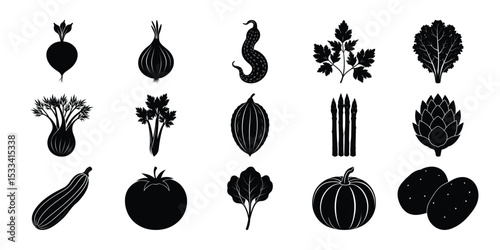 A set of silhouettes of vegetables on a white background