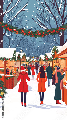 Festive Christmas Market Scene with Decorated Stalls, Christmas Market Stalls