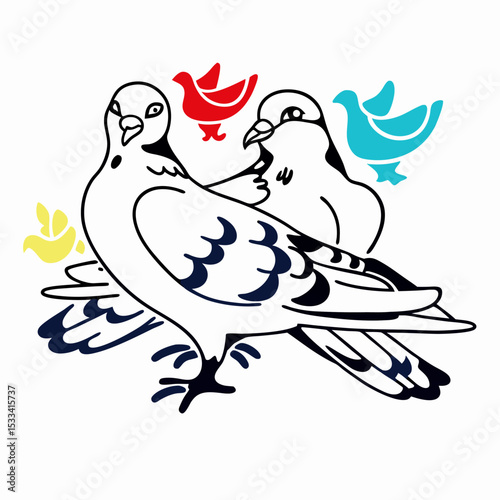 Cute Cartoon Pigeons Illustration, Bird Couple Drawing