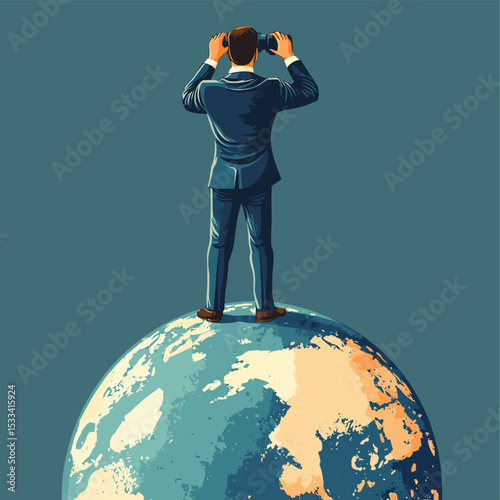looking at future opportunities, a businessman standing on a globe holding binoculars  , vector style simple color