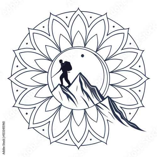 Mandala art illustrating a hiker reaching mountain peak representing perseverance and achievement