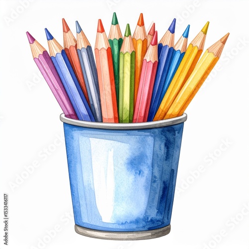 Colorful Pencils in a Blue Cup Watercolor Illustration