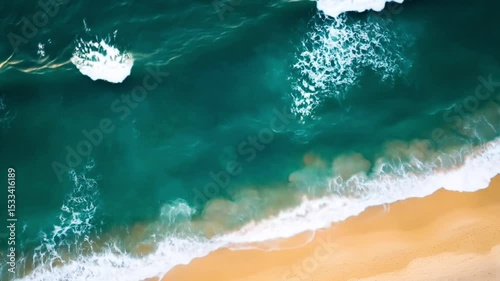 Top-Down Aerial of Turquoise Waves Crashing on Golden Beach 4k