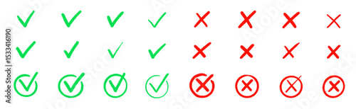 Check tick mark icon set. Cross box x check mark checkbox v list vector draw hand drawn sketch doodle brush marker checklist symbol wrong right circle. Vector Illustration