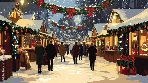 Festive Christmas Market Scene with Decorated Stalls, Christmas Market Stalls