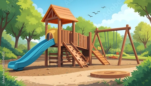 A vibrant illustration of a playground on a sunny day, featuring a slide, swings, and lush trees.