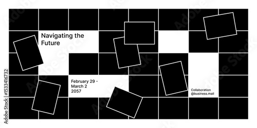 Minimalistic black-and-white abstract design featuring irregularly aligned rectangles and text promoting. Ideal for modern banners, event promotions, and digital campaigns.