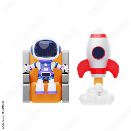 Astronaut Sitting In Rocket 3D Character Illustration.
