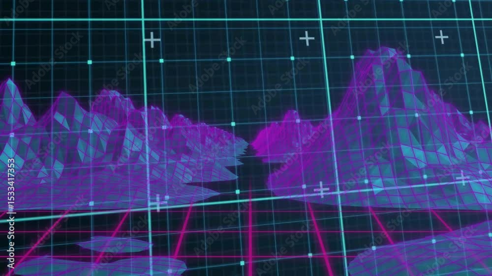 On animation start, wireframe mountains and neon grid pulsing to evoke living digital world