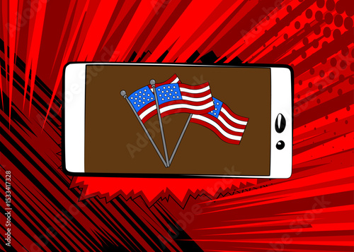 Cartoon Smartphone, comic book Telephone with American Flag. Retro vector comics pop art design.