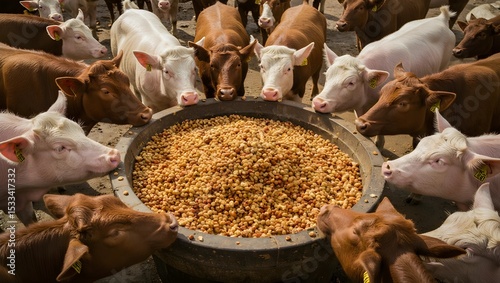 A group of cows gather around a large bowl of feed, creating a scene of communal eating.
