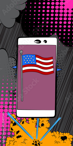 Cartoon Smartphone, comic book Telephone with American Flag. Retro vector comics pop art design.