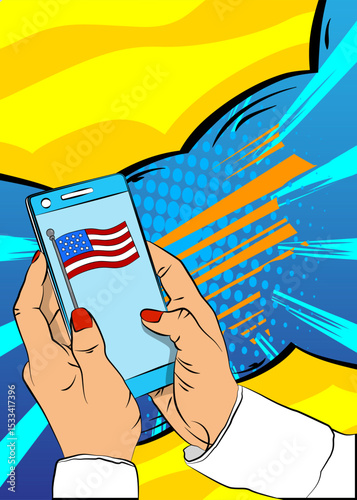 Cartoon Smartphone, comic book Telephone with American Flag. Retro vector comics pop art design.