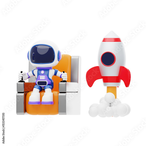Astronaut Sitting In Rocket 3D Character Illustration.