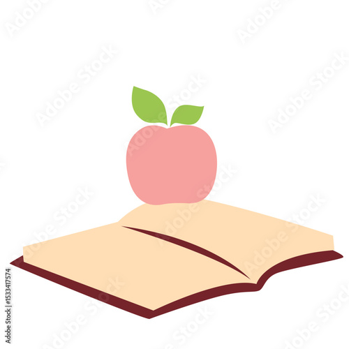 Red apple placed on an open book in flat cartoon style. Great for back-to-school designs, healthy learning visuals, or educational illustrations.

