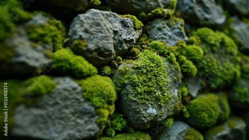 Mossy Stone Wall: Close-Up View of Green Growth on Rocks in a Natural Outdoor Setting