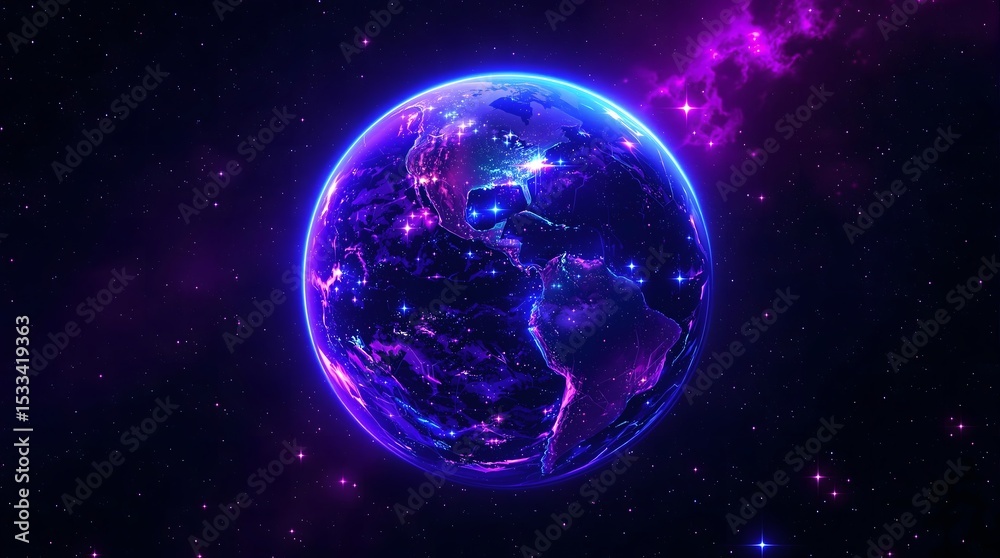 Fototapeta premium Cosmic Earth A Vibrant, Neon-Lit Vision of Our Planet in Space