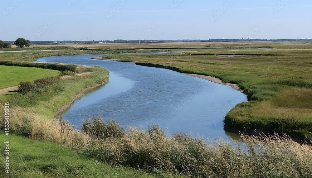 Fototapeta premium Serene river winding through grassy plains.