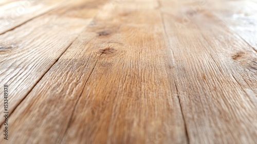 Close-up view of rustic wooden table surface with natural texture and warm tones, perfect for food or home decor photography.