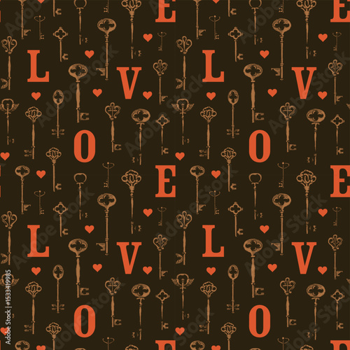 Vector seamless pattern on the theme of love with vintage keys and capital letters in vintage style. Abstract background. Wallpaper, wrapping paper, fabric, textile. Greeting card. No ai used